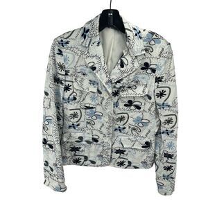 Per Se Women's Floral Cropped Blazer Jacket Fully Lined White Blue Size 4